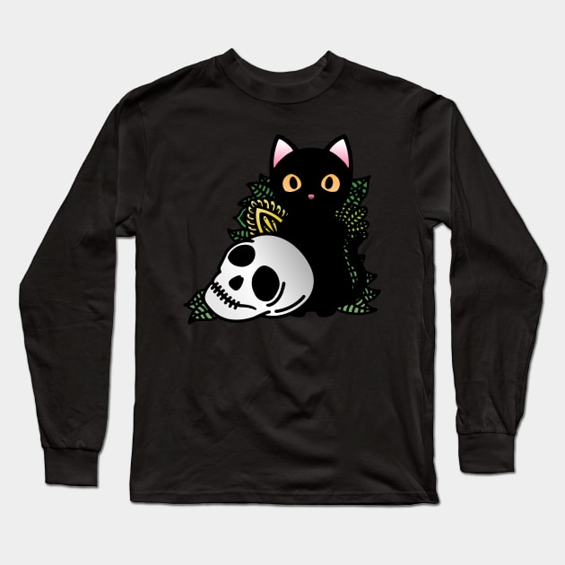 Skull and Black Cat Long Sleeve T-Shirt by Ratatosk